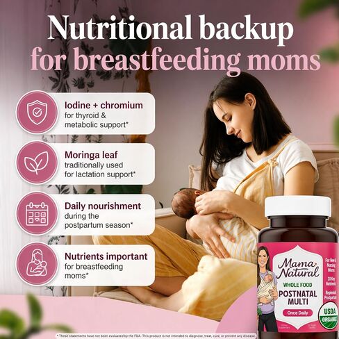 Mama Natural Organic Postnatal Vitamins for Women | One A Day Whole Food Postnatal Multivitamin for Breastfeeding & Postpartum Support | Non-GMO with Iron, Iodine & Moringa | 30 Servings in Saudi Arabia