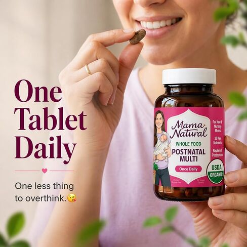 Mama Natural Organic Postnatal Vitamins for Women | One A Day Whole Food Postnatal Multivitamin for Breastfeeding & Postpartum Support | Non-GMO with Iron, Iodine & Moringa | 30 Servings in Saudi Arabia