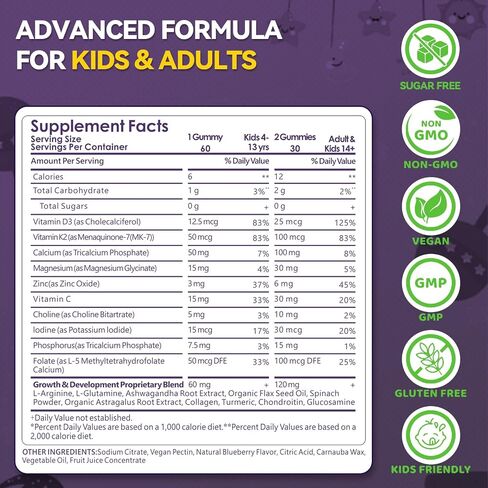 Height Growth Gummies for Kids & Teens - Calcium, Vitamin D3 + K2, Zinc, Magnesium, L-Arginine - Teen Multivitamin Gummies for Children Bone Strength and Immunity - 60 Gummies in Saudi Arabia