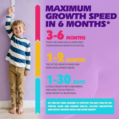 Height Growth Gummies for Kids & Teens - Calcium, Vitamin D3 + K2, Zinc, Magnesium, L-Arginine - Teen Multivitamin Gummies for Children Bone Strength and Immunity - 60 Gummies in Saudi Arabia