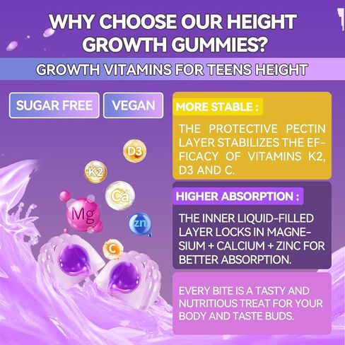 Height Growth Gummies for Kids & Teens - Calcium, Vitamin D3 + K2, Zinc, Magnesium, L-Arginine - Teen Multivitamin Gummies for Children Bone Strength and Immunity - 60 Gummies in Saudi Arabia