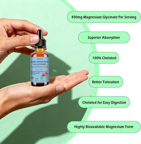 Pure Magnesium Glycinate 400mg Liquid Drops, High Absorption Chelated Calm Magnesium with Zinc for Sleep Relaxation Muscle Bone Nerve & Brain Health, Non GMO, Vegan for Women Men & Kids in Saudi Arabia
