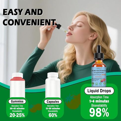 Pure Magnesium Glycinate 400mg Liquid Drops, High Absorption Chelated Calm Magnesium with Zinc for Sleep Relaxation Muscle Bone Nerve & Brain Health, Non GMO, Vegan for Women Men & Kids in Saudi Arabia