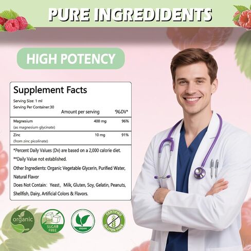 Pure Magnesium Glycinate 400mg Liquid Drops, High Absorption Chelated Calm Magnesium with Zinc for Sleep Relaxation Muscle Bone Nerve & Brain Health, Non GMO, Vegan for Women Men & Kids in Saudi Arabia