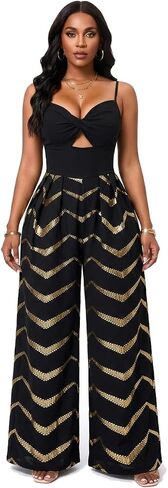 Women's Sexy Sequin Jumpsuit, Black with Gold Chevron Pattern, Cut Out High Waist Wide Leg Romper for Evening Party in Saudi Arabia
