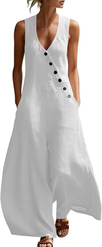 Jumpsuits For Women Casual Cotton Linen Button Rompers Wide Leg Casual Beach Overalls with Pockets in Kuwait