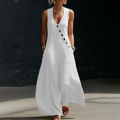 Jumpsuits For Women Casual Cotton Linen Button Rompers Wide Leg Casual Beach Overalls with Pockets in Kuwait