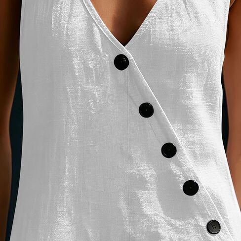Jumpsuits For Women Casual Cotton Linen Button Rompers Wide Leg Casual Beach Overalls with Pockets in Kuwait