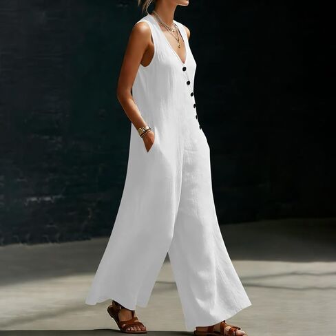 Jumpsuits For Women Casual Cotton Linen Button Rompers Wide Leg Casual Beach Overalls with Pockets in Kuwait