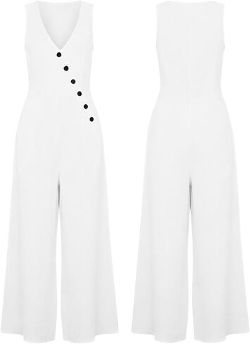 Jumpsuits For Women Casual Cotton Linen Button Rompers Wide Leg Casual Beach Overalls with Pockets in Kuwait