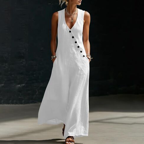 Jumpsuits For Women Casual Cotton Linen Button Rompers Wide Leg Casual Beach Overalls with Pockets in Kuwait