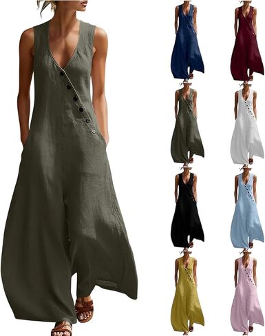 Jumpsuits For Women Casual Cotton Linen Button Rompers Wide Leg Casual Beach Overalls with Pockets in Kuwait