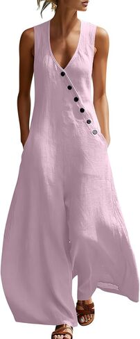 Jumpsuits For Women Casual Cotton Linen Button Rompers Wide Leg Casual Beach Overalls with Pockets in Kuwait