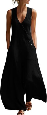 Jumpsuits For Women Casual Cotton Linen Button Rompers Wide Leg Casual Beach Overalls with Pockets in Kuwait