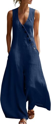 Jumpsuits For Women Casual Cotton Linen Button Rompers Wide Leg Casual Beach Overalls with Pockets in Kuwait