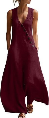 Jumpsuits For Women Casual Cotton Linen Button Rompers Wide Leg Casual Beach Overalls with Pockets in Kuwait