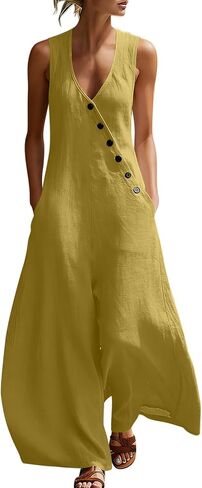 Jumpsuits For Women Casual Cotton Linen Button Rompers Wide Leg Casual Beach Overalls with Pockets in Kuwait
