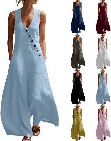 Jumpsuits For Women Casual Cotton Linen Button Rompers Wide Leg Casual Beach Overalls with Pockets in Kuwait