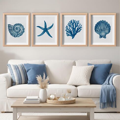 Memorywuu 4 Pack Framed Coastal Wall Art Set, Seashell Starfish Coral Conch Prints with Wooden Frame Beach Nautical Wall Decor for Home Bathroom Living Room Bedroom, 10.5 x 8.5 Inch in Kuwait