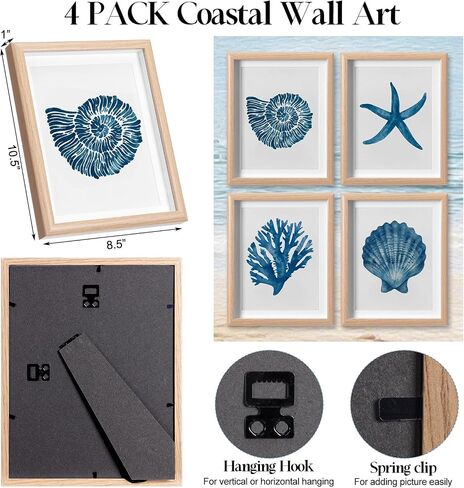 Memorywuu 4 Pack Framed Coastal Wall Art Set, Seashell Starfish Coral Conch Prints with Wooden Frame Beach Nautical Wall Decor for Home Bathroom Living Room Bedroom, 10.5 x 8.5 Inch in Kuwait