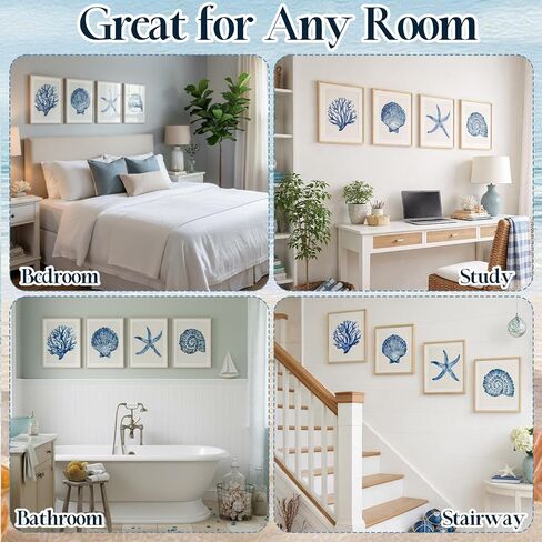 Memorywuu 4 Pack Framed Coastal Wall Art Set, Seashell Starfish Coral Conch Prints with Wooden Frame Beach Nautical Wall Decor for Home Bathroom Living Room Bedroom, 10.5 x 8.5 Inch in Kuwait