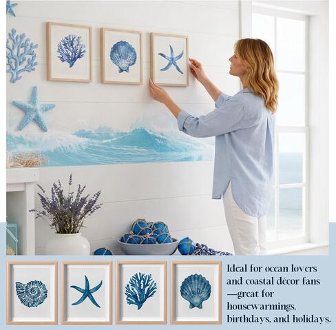 Memorywuu 4 Pack Framed Coastal Wall Art Set, Seashell Starfish Coral Conch Prints with Wooden Frame Beach Nautical Wall Decor for Home Bathroom Living Room Bedroom, 10.5 x 8.5 Inch in Kuwait