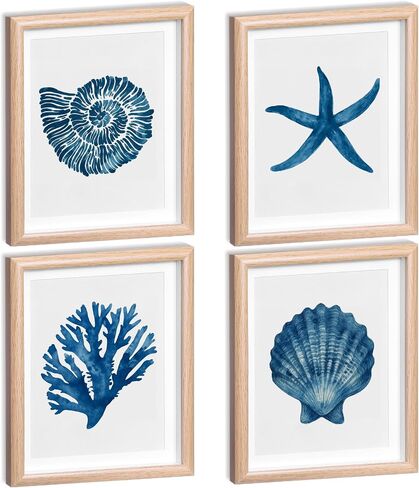 Memorywuu 4 Pack Framed Coastal Wall Art Set, Seashell Starfish Coral Conch Prints with Wooden Frame Beach Nautical Wall Decor for Home Bathroom Living Room Bedroom, 10.5 x 8.5 Inch in Kuwait
