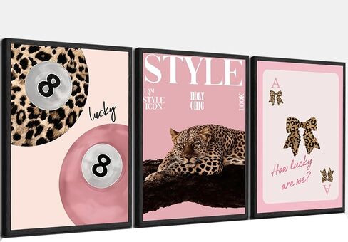 Pormipone 3 Pcs Leopard Bow Canvas Wall Art Trendy Cheetah Painting Poster Wall Decor Pink Leopard Lucky Ball 8 Pictures for Living Room and Girl's Bedroom Room Decoration 12 * 18 in(Poster No Frame) in Saudi Arabia