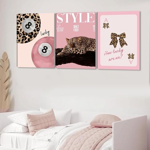 Pormipone 3 Pcs Leopard Bow Canvas Wall Art Trendy Cheetah Painting Poster Wall Decor Pink Leopard Lucky Ball 8 Pictures for Living Room and Girl's Bedroom Room Decoration 12 * 18 in(Poster No Frame) in Saudi Arabia