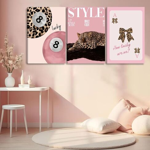 Pormipone 3 Pcs Leopard Bow Canvas Wall Art Trendy Cheetah Painting Poster Wall Decor Pink Leopard Lucky Ball 8 Pictures for Living Room and Girl's Bedroom Room Decoration 12 * 18 in(Poster No Frame) in Saudi Arabia