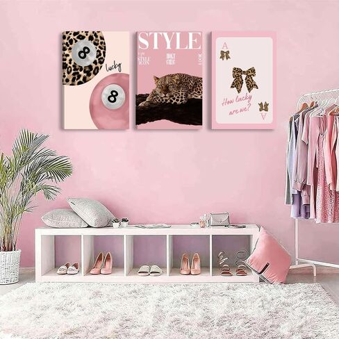 Pormipone 3 Pcs Leopard Bow Canvas Wall Art Trendy Cheetah Painting Poster Wall Decor Pink Leopard Lucky Ball 8 Pictures for Living Room and Girl's Bedroom Room Decoration 12 * 18 in(Poster No Frame) in Saudi Arabia