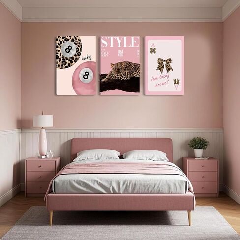 Pormipone 3 Pcs Leopard Bow Canvas Wall Art Trendy Cheetah Painting Poster Wall Decor Pink Leopard Lucky Ball 8 Pictures for Living Room and Girl's Bedroom Room Decoration 12 * 18 in(Poster No Frame) in Saudi Arabia