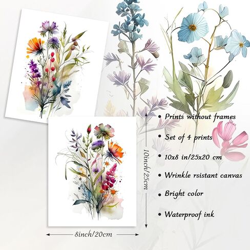 Dazzlewall 4 pcs Watercolour Wall Art Print, Colourful Floral Botanical Artwork Print, Minimalist Wall Decor for Bedroom Living Room Bathroom, 8x10 in Unframed in Saudi Arabia