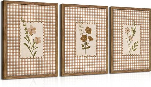 Framed Vintage Floral Wall Art Set of 3, Neutral Wildflower Botanical Canvas Wall Decor Paintings, Cottagecore Gingham Flower Posters Prints Pictures for Living Room Bedroom Bathroom 12x16 Inch in Saudi Arabia