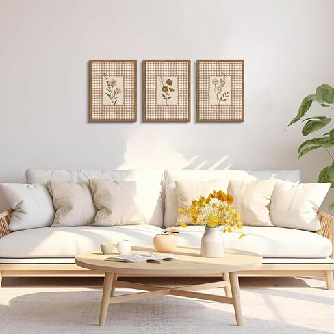 Framed Vintage Floral Wall Art Set of 3, Neutral Wildflower Botanical Canvas Wall Decor Paintings, Cottagecore Gingham Flower Posters Prints Pictures for Living Room Bedroom Bathroom 12x16 Inch in Saudi Arabia
