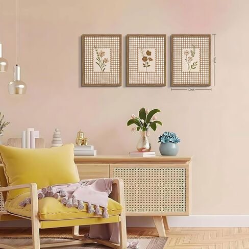 Framed Vintage Floral Wall Art Set of 3, Neutral Wildflower Botanical Canvas Wall Decor Paintings, Cottagecore Gingham Flower Posters Prints Pictures for Living Room Bedroom Bathroom 12x16 Inch in Saudi Arabia