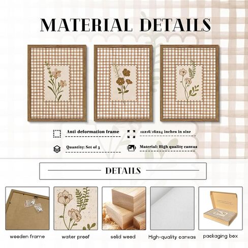 Framed Vintage Floral Wall Art Set of 3, Neutral Wildflower Botanical Canvas Wall Decor Paintings, Cottagecore Gingham Flower Posters Prints Pictures for Living Room Bedroom Bathroom 12x16 Inch in Saudi Arabia