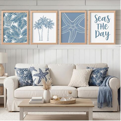 Memorywuu 4 Pack Framed Coastal Wall Art Set, Seashell Starfish Coral Conch Prints with Wooden Frame Beach Nautical Wall Decor for Home Bathroom Living Room Bedroom, 10.5 x 8.5 Inch in Kuwait