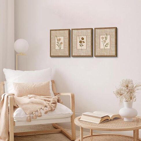 Framed Vintage Floral Wall Art Set of 3, Neutral Wildflower Botanical Canvas Wall Decor Paintings, Cottagecore Gingham Flower Posters Prints Pictures for Living Room Bedroom Bathroom 12x16 Inch in Saudi Arabia