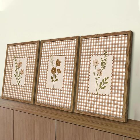 Framed Vintage Floral Wall Art Set of 3, Neutral Wildflower Botanical Canvas Wall Decor Paintings, Cottagecore Gingham Flower Posters Prints Pictures for Living Room Bedroom Bathroom 12x16 Inch in Saudi Arabia