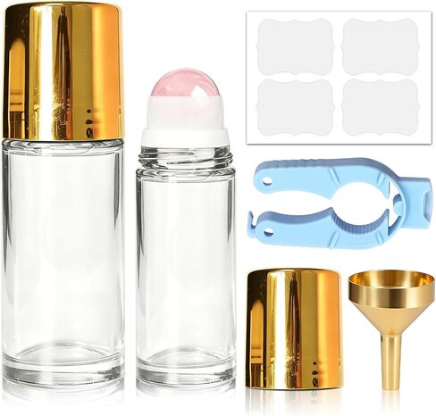 2 Pack Rose Quartz Essential Oils Roller Bottles, 50ml and 30ml Empty Leakproof Amber Glass Roll On Bottles for Perfume, Anointing, Travel, DIY in Saudi Arabia