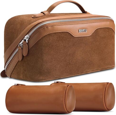 BOYATU Genuine Leather Travel Makeup Bag: Large Capacity 3 Pcs Set Cosmetic Bags for Women - Designer Waterproof Hand-made for Toiletry Organizer - Ladies Travel Essentials for Elegance (01Brown) in Saudi Arabia