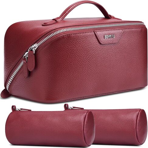 BOYATU Genuine Leather Travel Makeup Bag: Large Capacity 3 Pcs Set Cosmetic Bags for Women - Designer Waterproof Hand-made for Toiletry Organizer - Ladies Travel Essentials for Elegance (01Brown) in Saudi Arabia