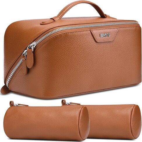BOYATU Genuine Leather Travel Makeup Bag: Large Capacity 3 Pcs Set Cosmetic Bags for Women - Designer Waterproof Hand-made for Toiletry Organizer - Ladies Travel Essentials for Elegance (01Brown) in Saudi Arabia