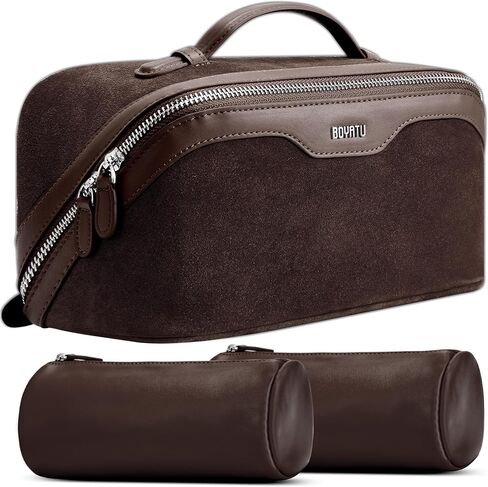 BOYATU Genuine Leather Travel Makeup Bag: Large Capacity 3 Pcs Set Cosmetic Bags for Women - Designer Waterproof Hand-made for Toiletry Organizer - Ladies Travel Essentials for Elegance (01Brown) in Saudi Arabia