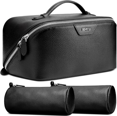 BOYATU Genuine Leather Travel Makeup Bag: Large Capacity 3 Pcs Set Cosmetic Bags for Women - Designer Waterproof Hand-made for Toiletry Organizer - Ladies Travel Essentials for Elegance (01Brown) in Saudi Arabia