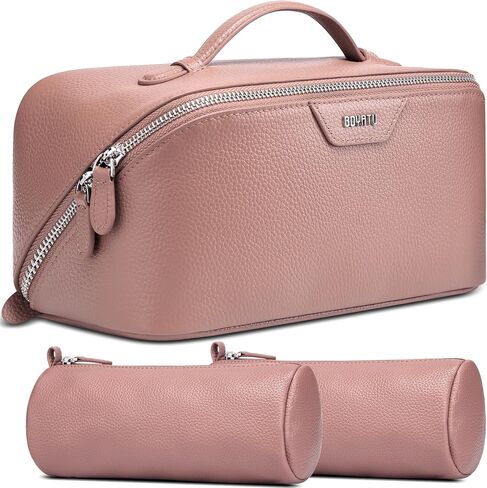 BOYATU Genuine Leather Travel Makeup Bag: Large Capacity 3 Pcs Set Cosmetic Bags for Women - Designer Waterproof Hand-made for Toiletry Organizer - Ladies Travel Essentials for Elegance (01Brown) in Saudi Arabia