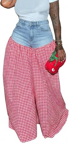 ThusFar Women's Checkered Patchwork Wide Leg Jeans High Waisted Plaid Stretchy Gingham Loose Denim Pants Casual Trouser in Saudi Arabia