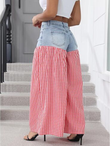 ThusFar Women's Checkered Patchwork Wide Leg Jeans High Waisted Plaid Stretchy Gingham Loose Denim Pants Casual Trouser in Saudi Arabia