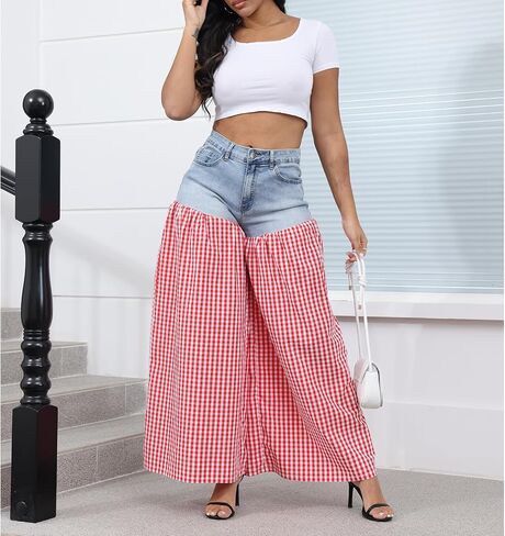 ThusFar Women's Checkered Patchwork Wide Leg Jeans High Waisted Plaid Stretchy Gingham Loose Denim Pants Casual Trouser in Saudi Arabia